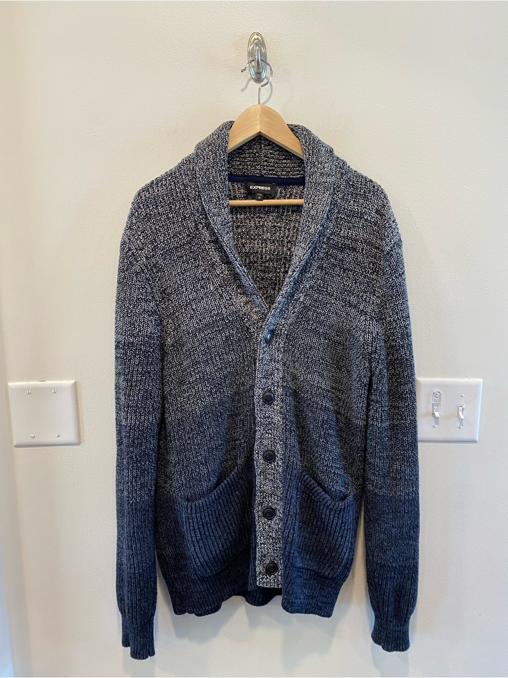 Express Mens Shawl Collar Cardigan sweater Large Heavy chunky knit fisherman